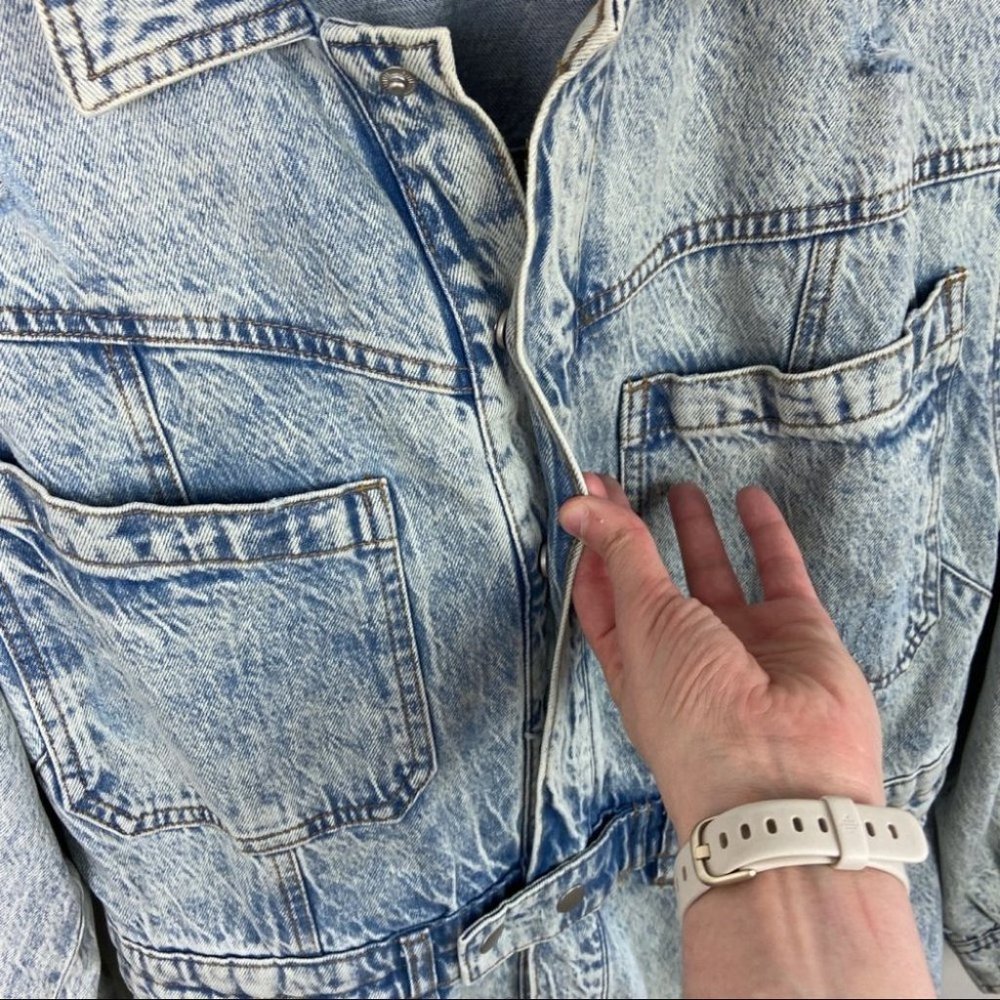 Free People Denim Dress Fringe Size Large Chain of Command Blue Jean Button Down - Picture 6 of 16